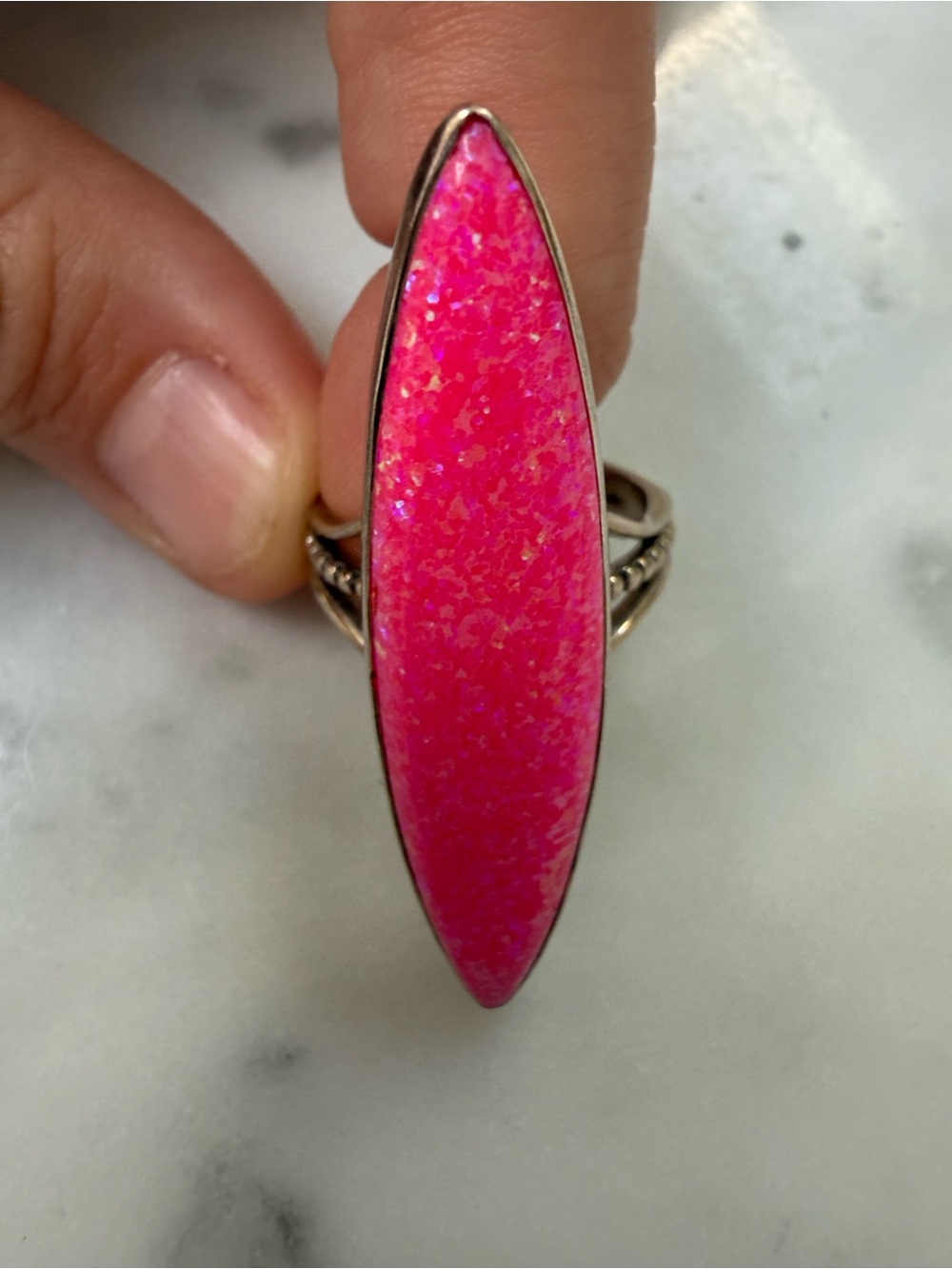 Marquise Pink Opal Inlay Statement Ring in 925 Silver Setting Ring size 7